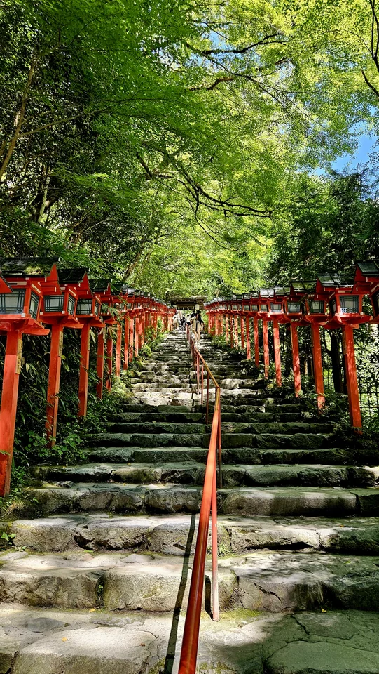 貴船神社兩側排列春日燈籠的石階